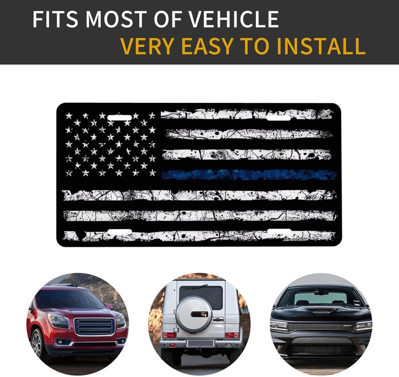 GACCAP Front License Plate Cover Car Decor Accessory Aluminum Metal Rust-Proof US Car Plate Novelty Vanity Tag Cover with 4 Holes for Men Women 6 * 12 in - Vintage Blue Line American Flag - Image 4